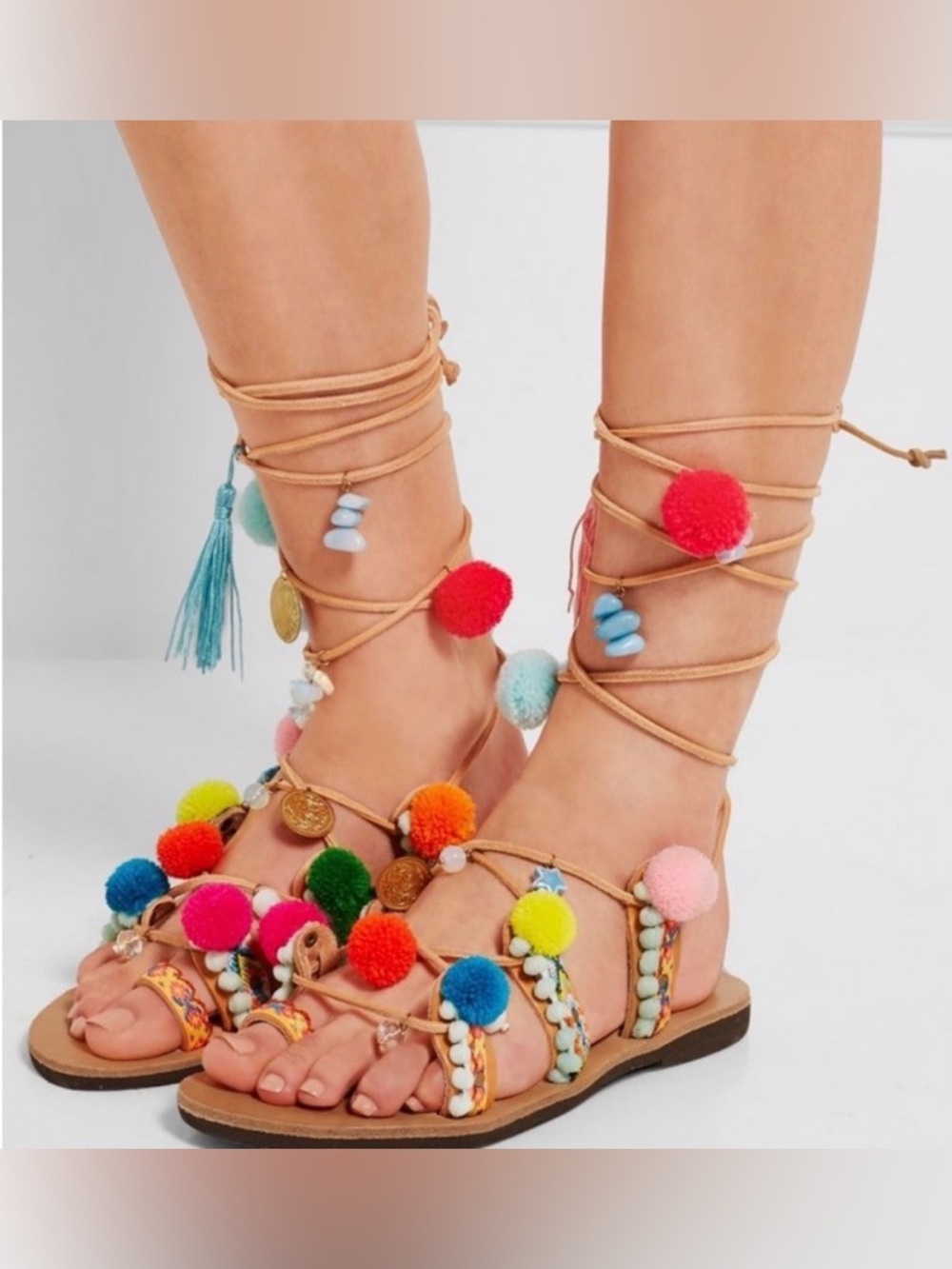 Mabu by Maria BK Pom Pom Lace-Up Gladiator Sandals for Women